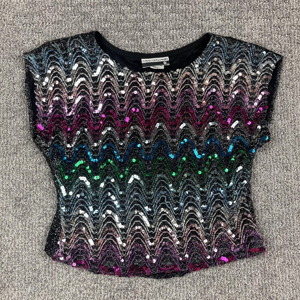 Vintage David Benjamin Shirt Womens Small Sequin Zig Zag Top Retro Made USA 80s